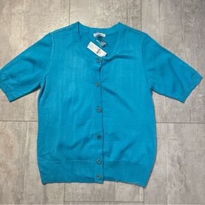 NWT New York & Company Turquoise Knit short sleeve Cardigan button up sz L